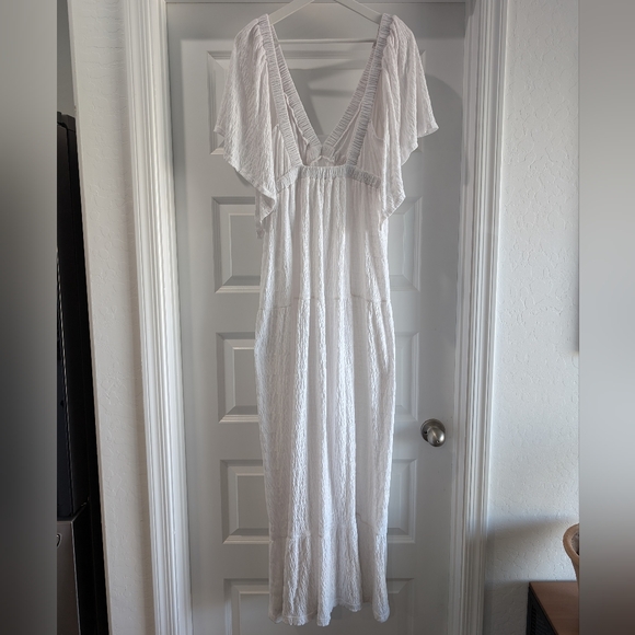 Free People Beach La La Maxi Dress V Neck Gauze Tiered Flutter Sleeve White L - Picture 8 of 16
